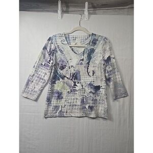Chico's Top Blouse 0 (S/4) Multicolor Watercolor Print 3/4 Sleeve V Neck Stretch
